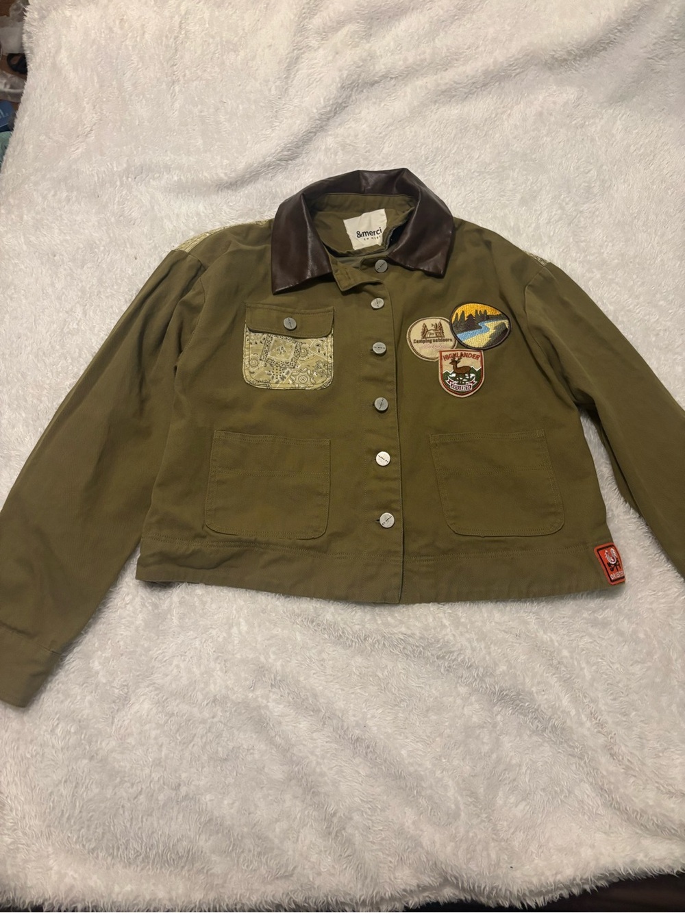 Patch-Accent Olive Utility Jacket with Contrast Collar